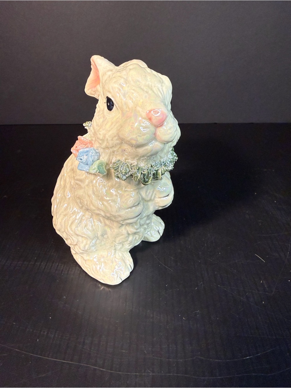 Vintage Iridescent Lusterware Ceramic Bunny Figurine – 4.5" Bunny floral garland